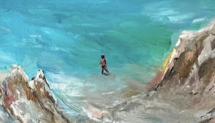 Detail of Druzhbivskyi Quarry painting by Marina Stognieva, turquoise water, rocky shore and greenery of Zhytomyr region